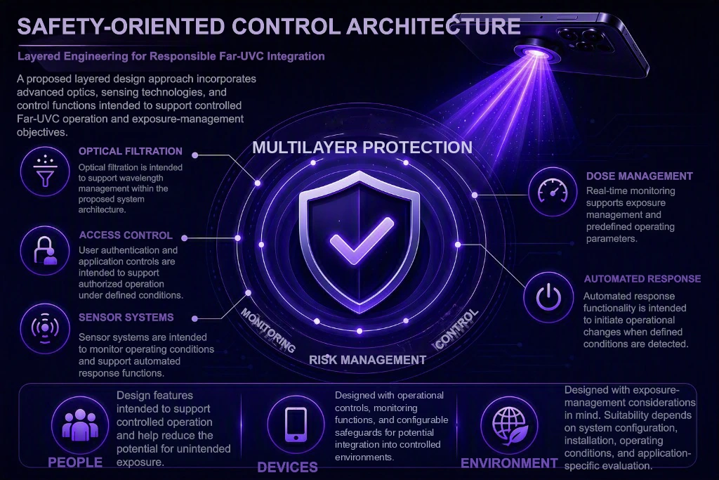 Safety-oriented control architecture: multilayer protection around a central shield, with optical filtration, access control, sensor systems, dose management and automated response, designed with people, devices and the environment in mind.